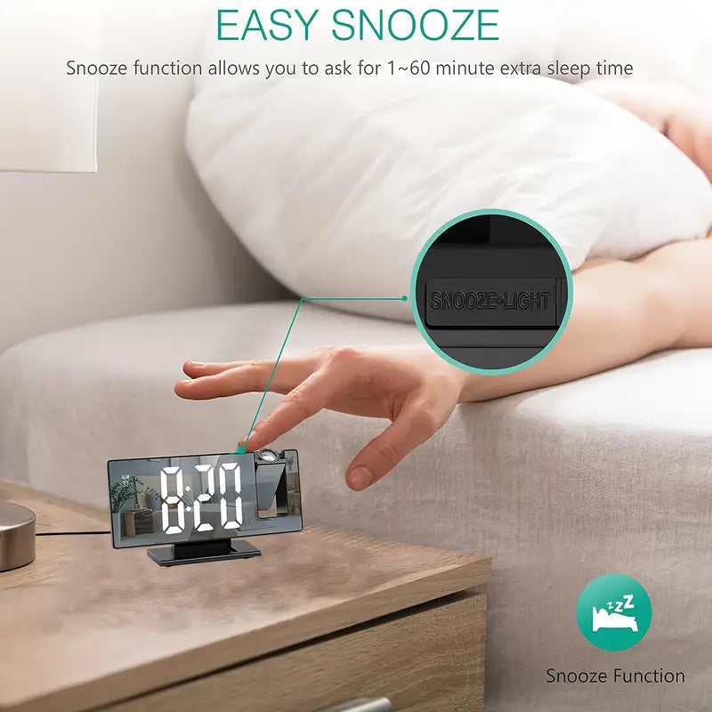 180° Adjustable LED Projection Alarm Clock – Snooze, 12/24H Time &amp; Temperature Display, Mirror Design – USB Powered, Night Mode &amp; Memory Function