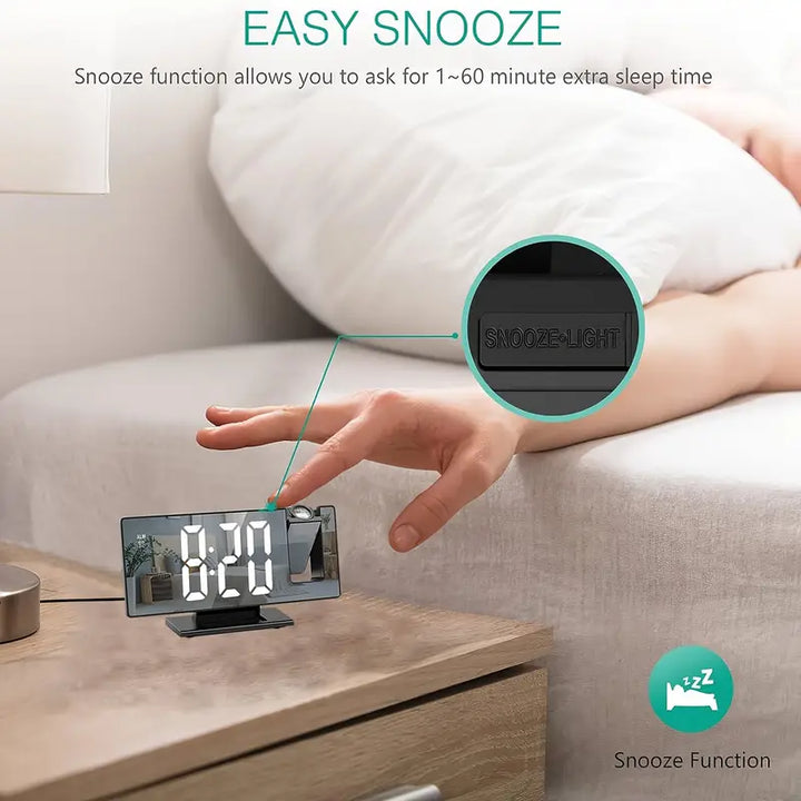 180° Adjustable LED Projection Alarm Clock – Snooze, 12/24H Time &amp; Temperature Display, Mirror Design – USB Powered, Night Mode &amp; Memory Function