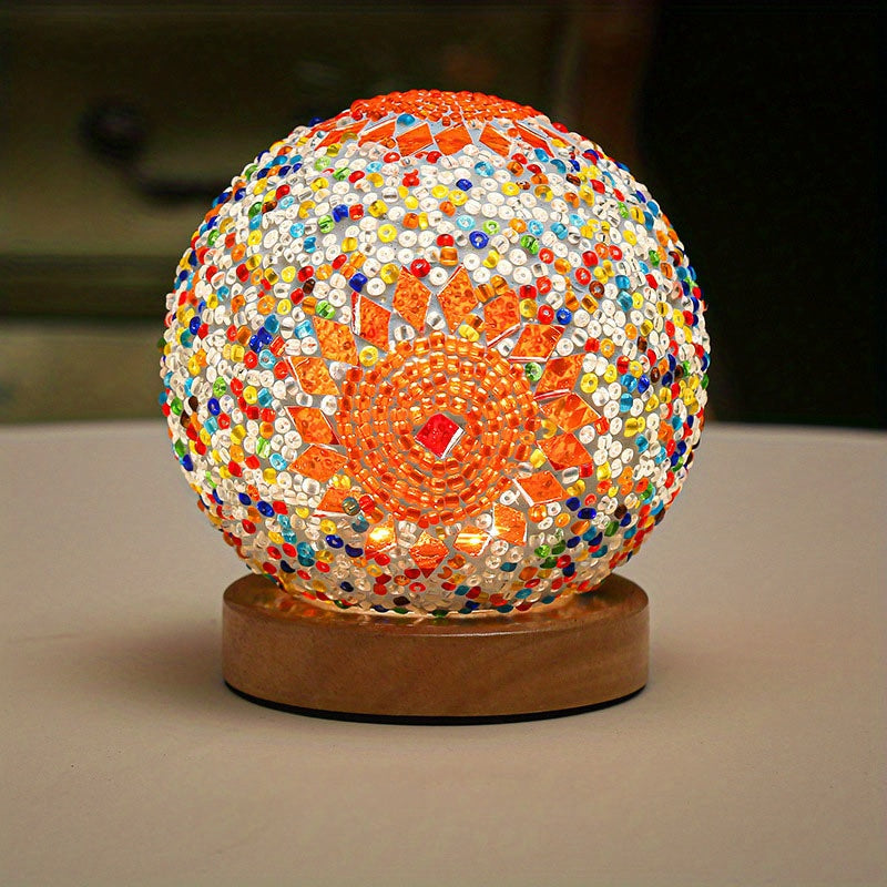 Mosaic glass ball table lamp with wooden base - Turkish Moroccan inspired