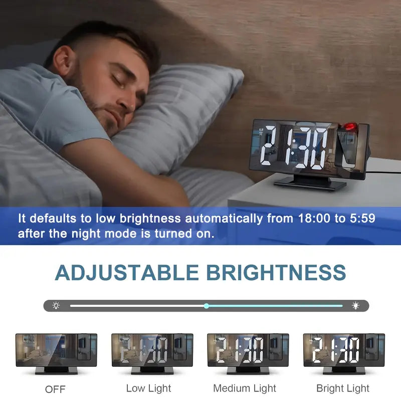 180° Adjustable LED Projection Alarm Clock – Snooze, 12/24H Time &amp; Temperature Display, Mirror Design – USB Powered, Night Mode &amp; Memory Function