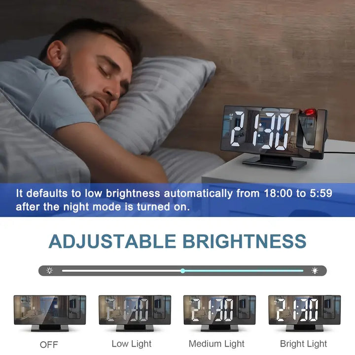 180° Adjustable LED Projection Alarm Clock – Snooze, 12/24H Time &amp; Temperature Display, Mirror Design – USB Powered, Night Mode &amp; Memory Function