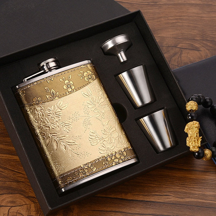 8oz Whisky Bottle made of Stainless Steel Alcohol Funnel Hip Flask Embroidered Golden Silk Fabric Packaging Gift Box Set