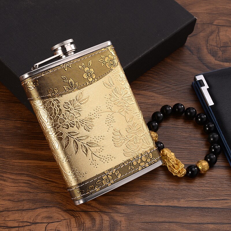 8oz Whisky Bottle made of Stainless Steel Alcohol Funnel Hip Flask Embroidered Golden Silk Fabric Packaging Gift Box Set