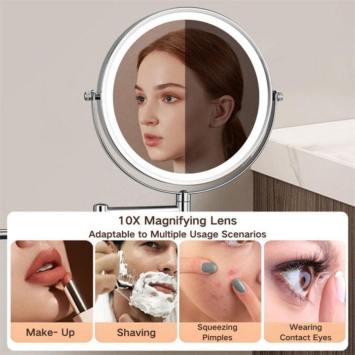 Rechargeable Wall Mounted Shaving Mirror | 360° Rotation. 1X/10X Magnification &amp; Adjustable LED Lighting for Bathroom Use