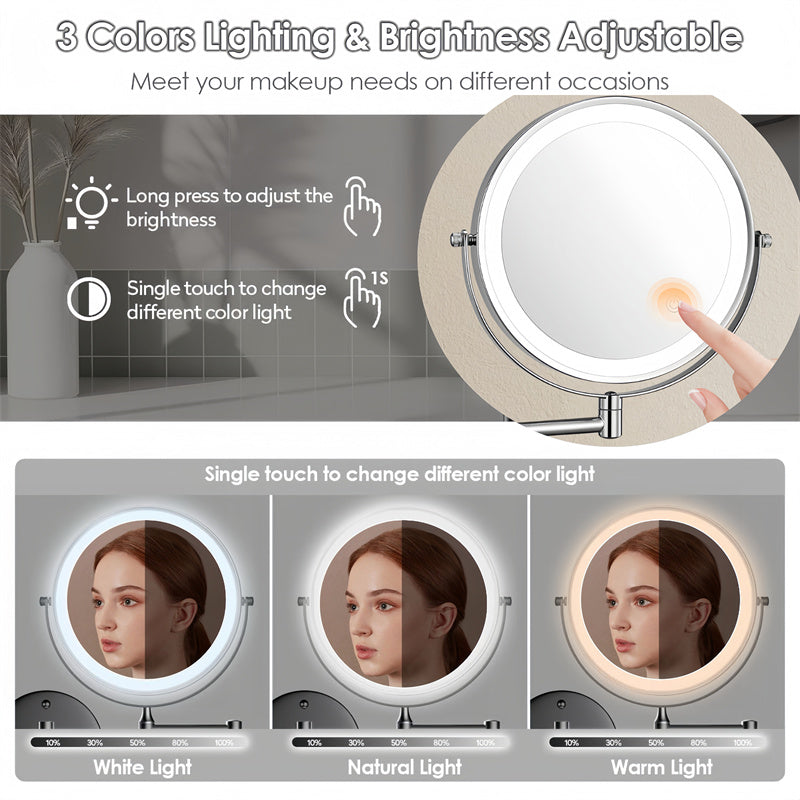 Rechargeable Wall Mounted Shaving Mirror | 360° Rotation. 1X/10X Magnification &amp; Adjustable LED Lighting for Bathroom Use