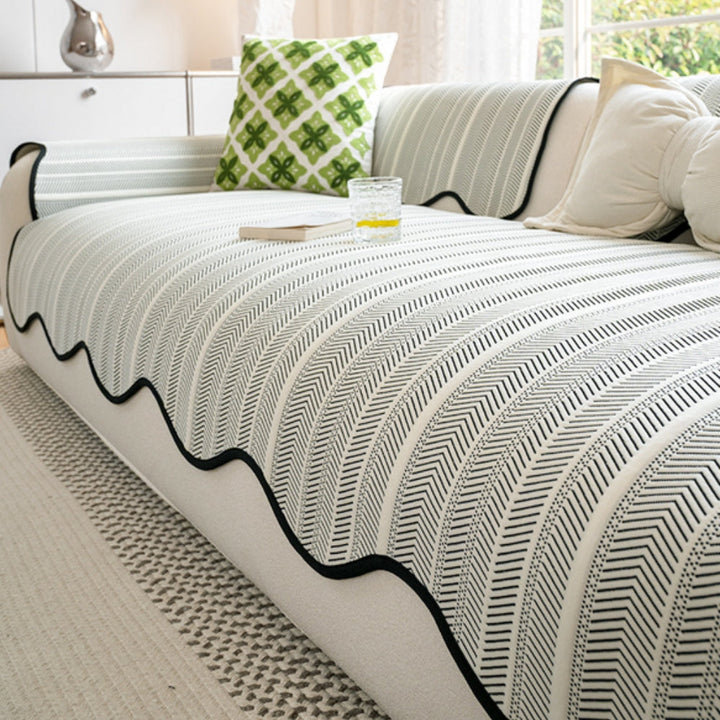Aurivelle Herringbone Sofa Cover with Scalloped Edge Trim