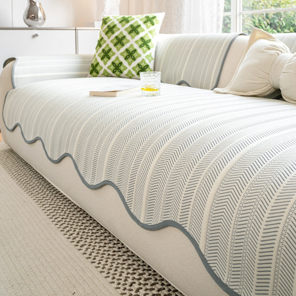 Aurivelle Herringbone Sofa Cover with Scalloped Edge Trim