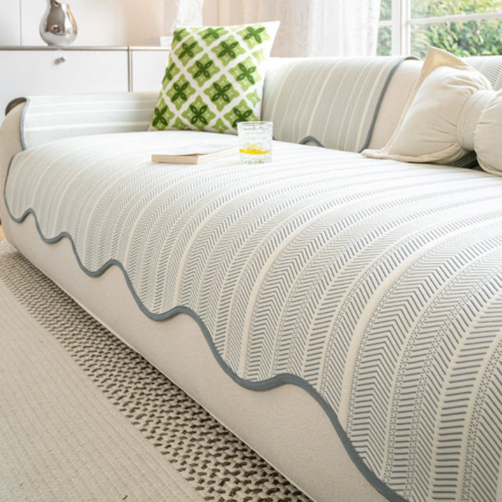 Aurivelle Herringbone Sofa Cover with Scalloped Edge Trim