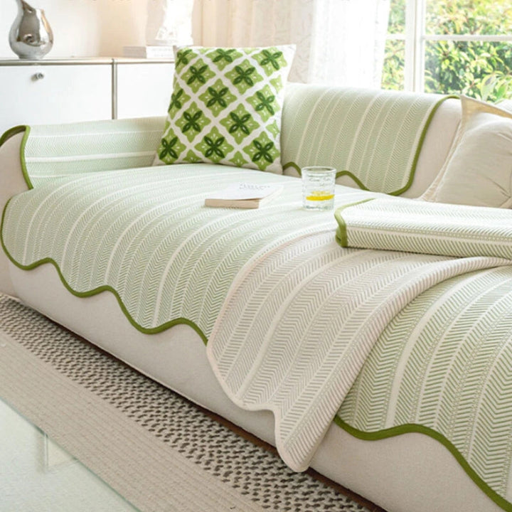 Aurivelle Herringbone Sofa Cover with Scalloped Edge Trim