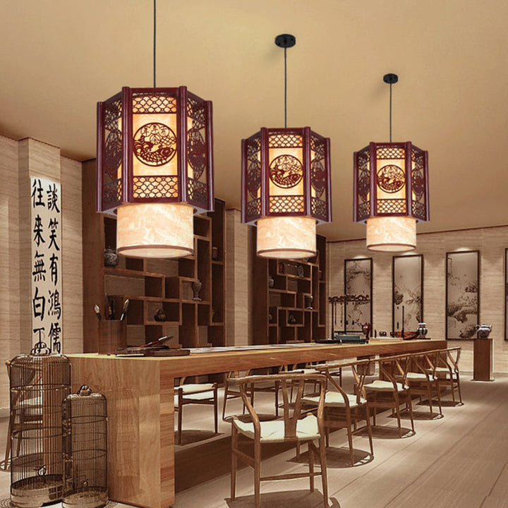 Traditional Chinese Wood-PVC Cylinder Lantern Carved Fish 1-Light Pendant Lamp for the Dining Room