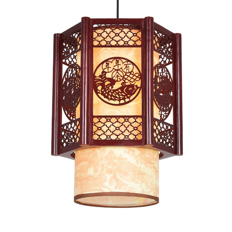 Traditional Chinese Wood-PVC Cylinder Lantern Carved Fish 1-Light Pendant Lamp for the Dining Room