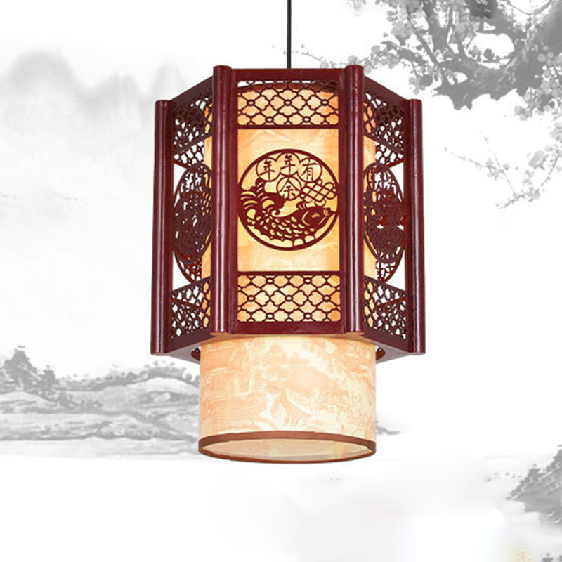 Traditional Chinese Wood-PVC Cylinder Lantern Carved Fish 1-Light Pendant Lamp for the Dining Room