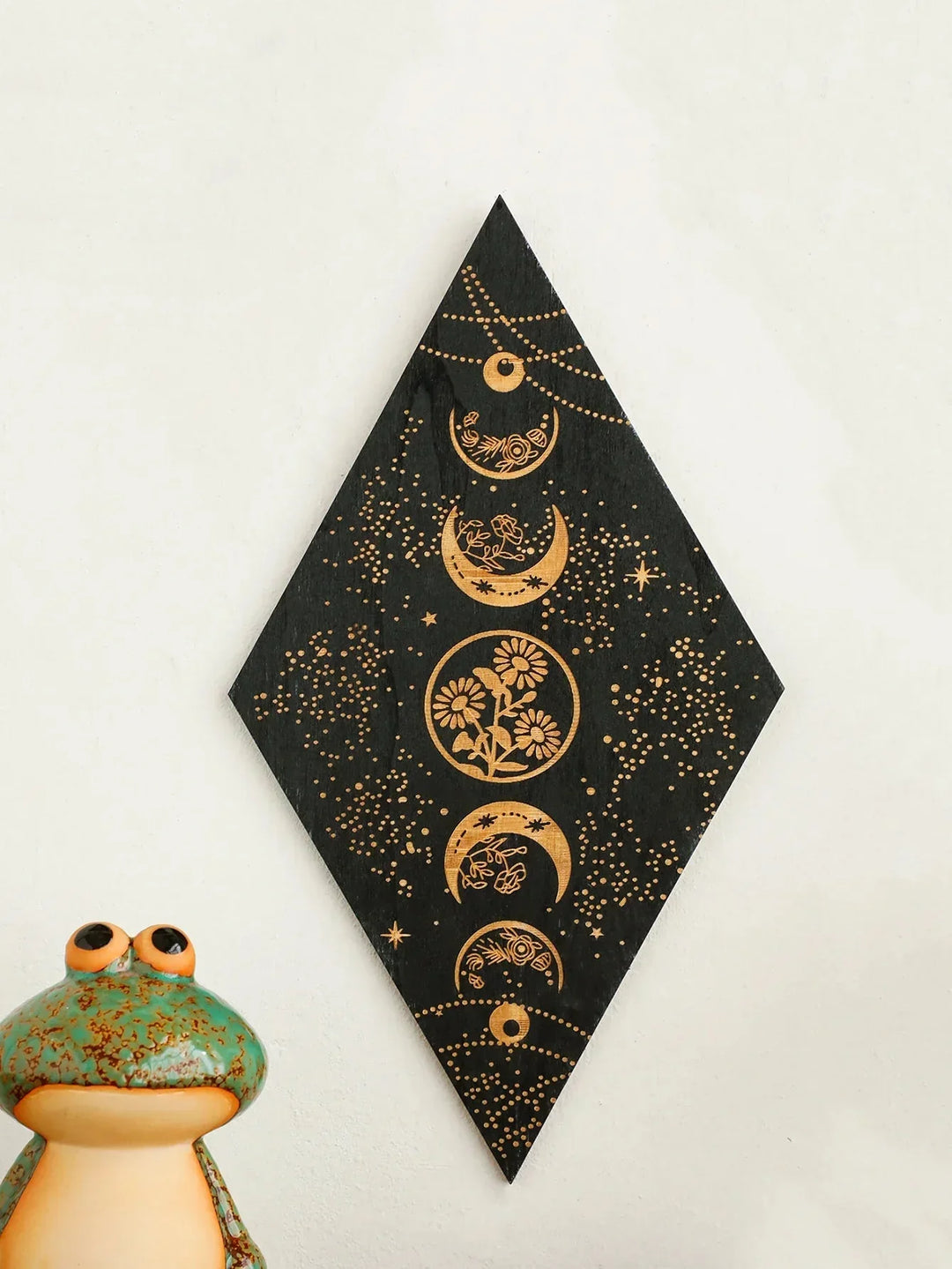 Black Moon Phases Wooden Wall Decoration Rhombus Wall Art Boho Home Decor Witch Tapestry Decoration Room Decor Aesthetic Gift