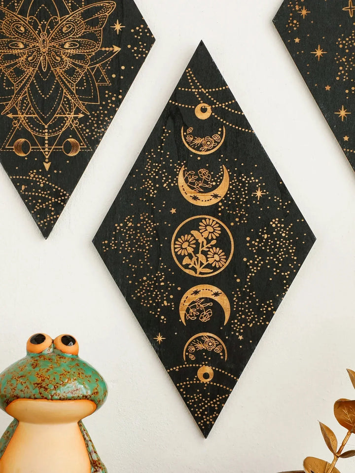 Black Moon Phases Wooden Wall Decoration Rhombus Wall Art Boho Home Decor Witch Tapestry Decoration Room Decor Aesthetic Gift