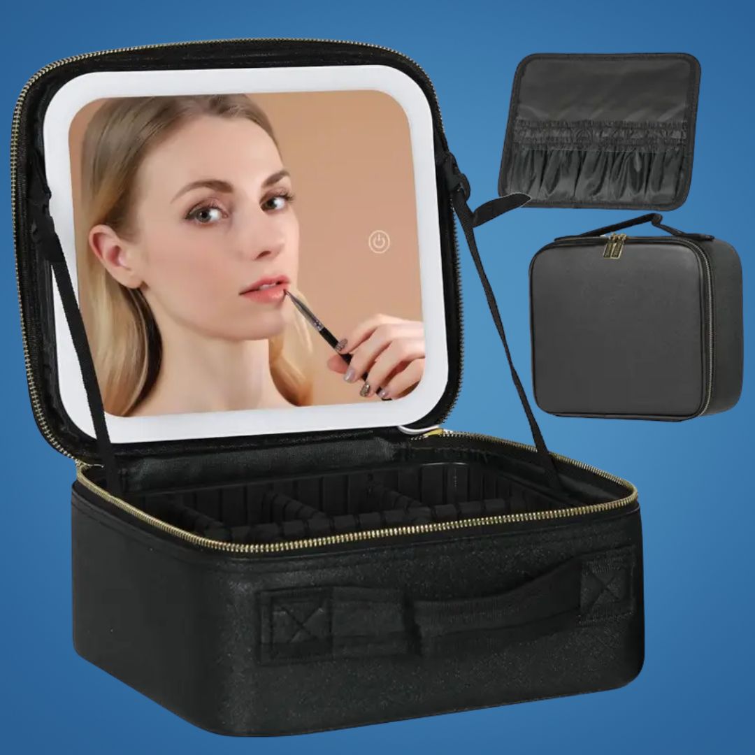 GlamOrganize | Makeup &amp; Toiletry Bag - Cosmetic Organiser - LED Mirror - Compact Storage for Makeup and Skincare - Travel-Friendly