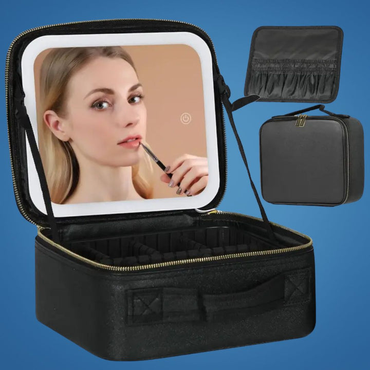 GlamOrganize | Makeup &amp; Toiletry Bag - Cosmetic Organiser - LED Mirror - Compact Storage for Makeup and Skincare - Travel-Friendly
