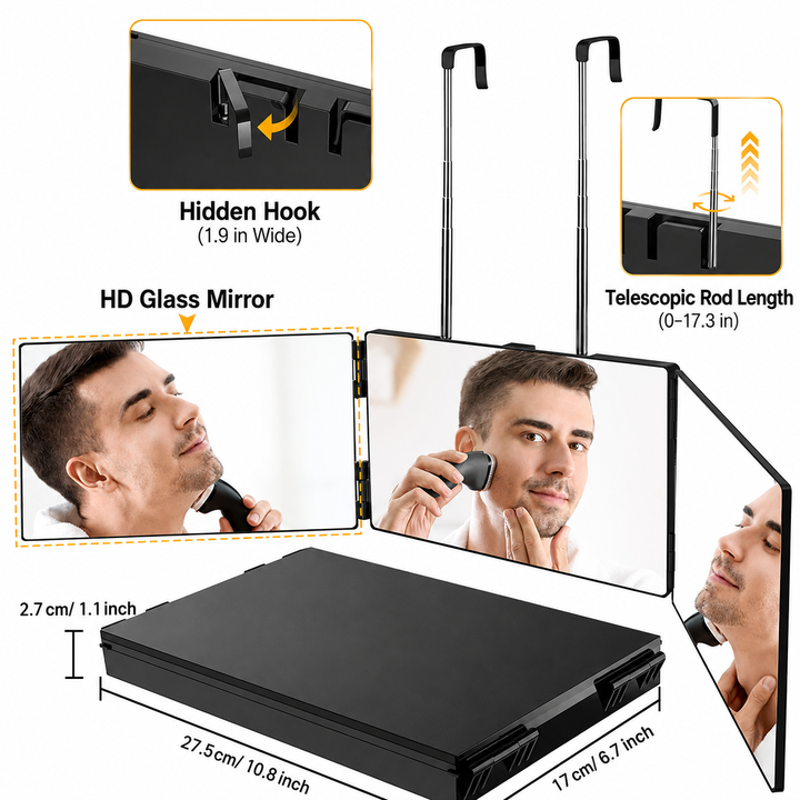 Adjustable Over-The-Door Hanging Mirror With Telescopic Stainless Steel Hooks