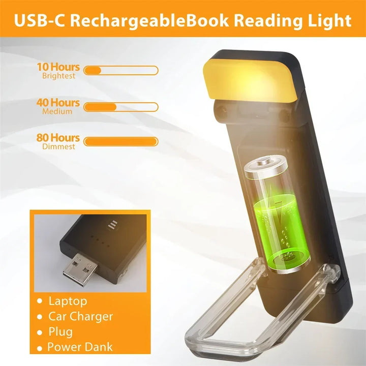 Clip-on book light, USB rechargeable reading light with timer, portable LED bookmark light for bedside &amp; desk