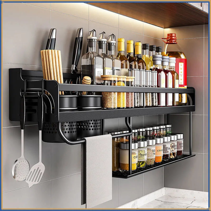 Stainless Steel Kitchen Shelf for Wall Mounting with Hooks and Knife Holder – Ideal for a Tidy Kitchen