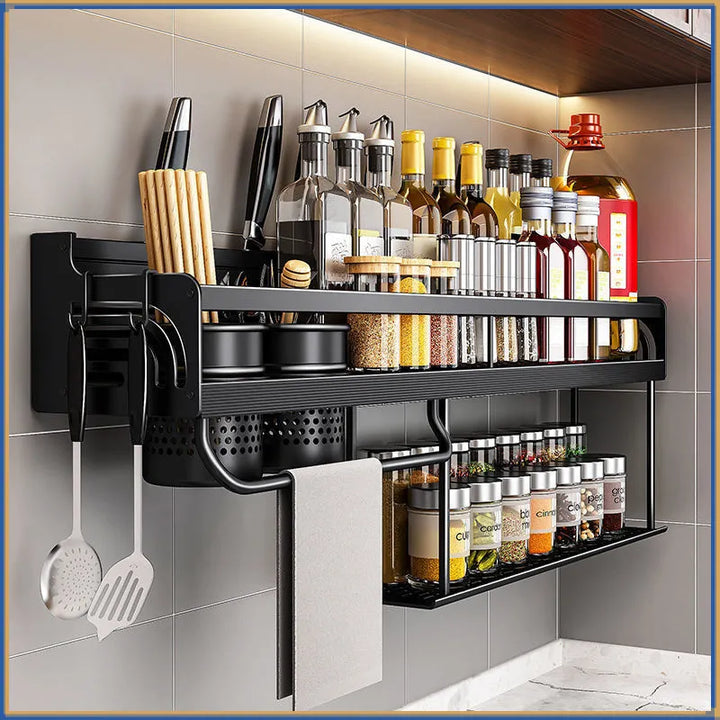 Stainless Steel Kitchen Shelf for Wall Mounting with Hooks and Knife Holder – Ideal for a Tidy Kitchen