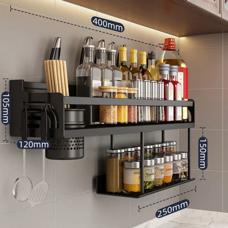 Stainless Steel Kitchen Shelf for Wall Mounting with Hooks and Knife Holder – Ideal for a Tidy Kitchen