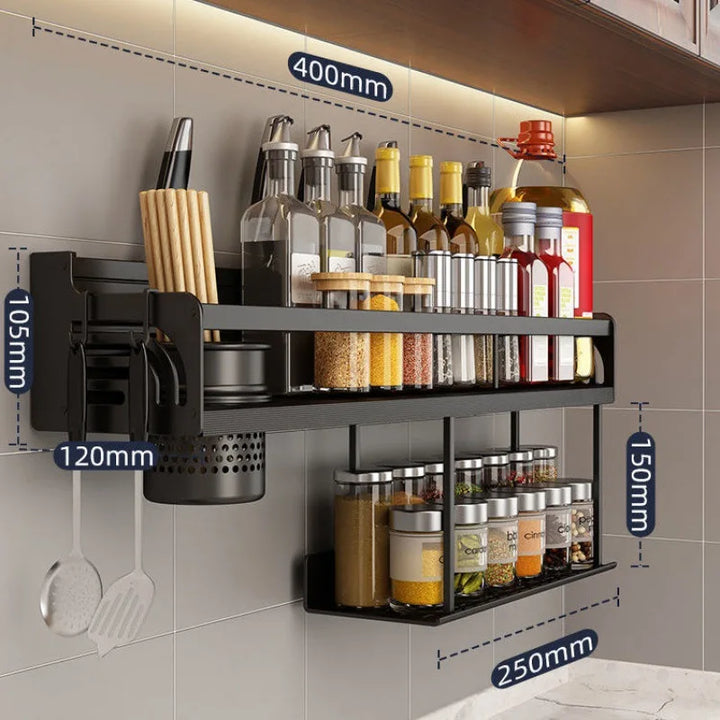 Stainless Steel Kitchen Shelf for Wall Mounting with Hooks and Knife Holder – Ideal for a Tidy Kitchen
