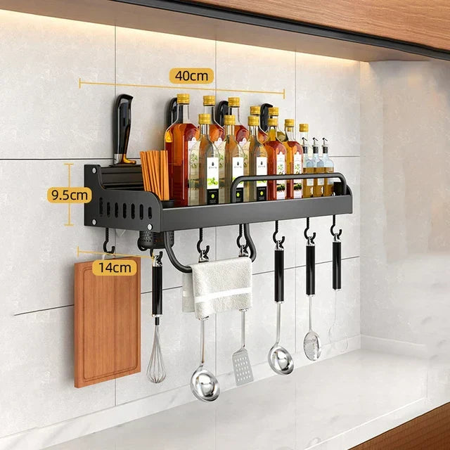 Stainless Steel Kitchen Shelf for Wall Mounting with Hooks and Knife Holder – Ideal for a Tidy Kitchen
