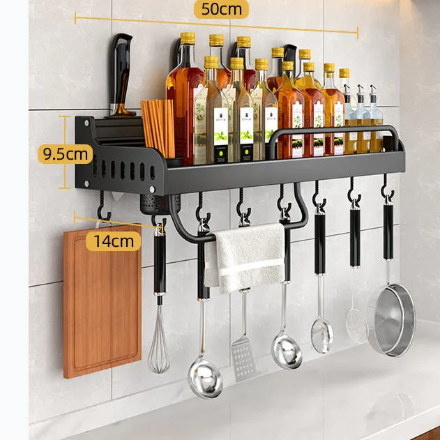 Stainless Steel Kitchen Shelf for Wall Mounting with Hooks and Knife Holder – Ideal for a Tidy Kitchen