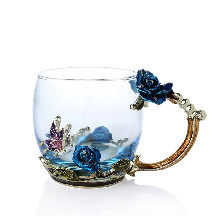 Handcrafted Enamel Coffee Mugs Rose-Glass Tea Cup with Steel Spoon Luxury Unique Gifts for Wedding Valentine&
