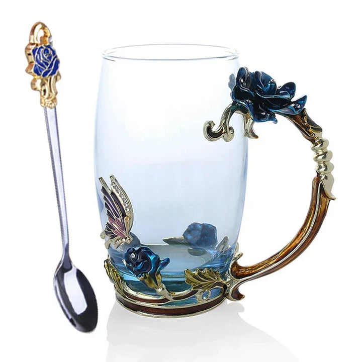Handcrafted Enamel Coffee Mugs Rose-Glass Tea Cup with Steel Spoon Luxury Unique Gifts for Wedding Valentine&
