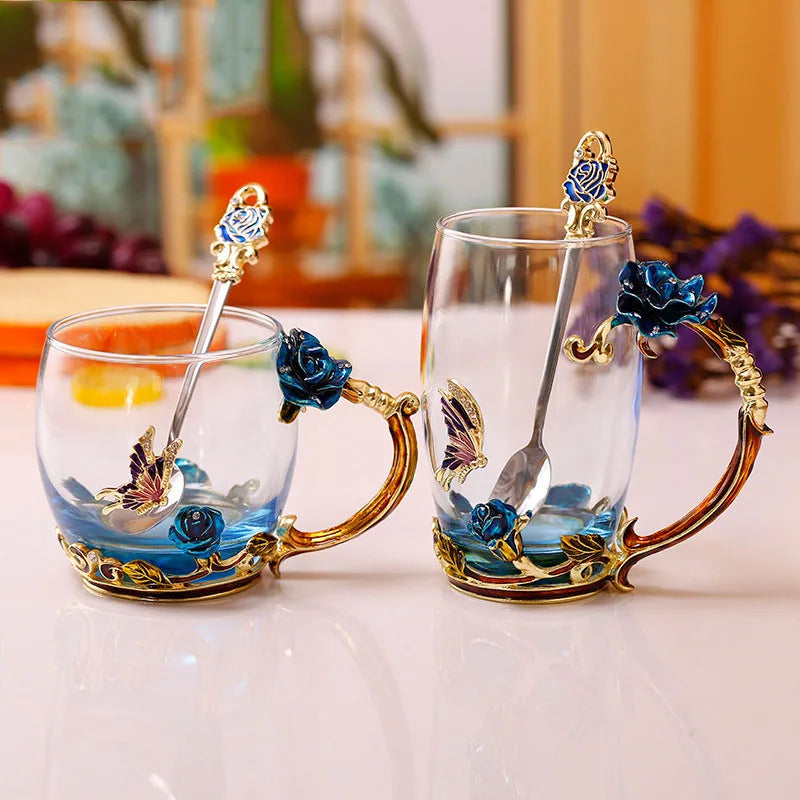 Handcrafted Enamel Coffee Mugs Rose-Glass Tea Cup with Steel Spoon Luxury Unique Gifts for Wedding Valentine&