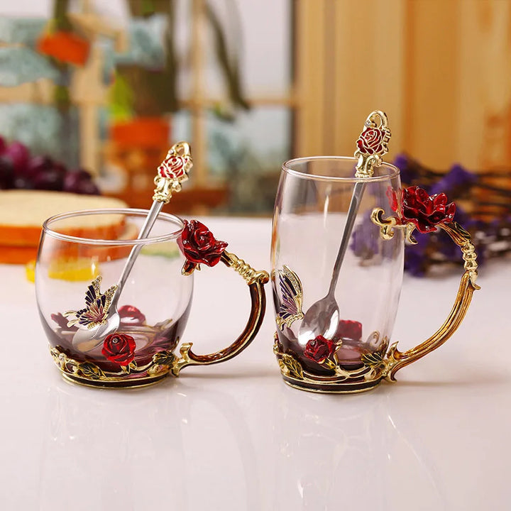 Handcrafted Enamel Coffee Mugs Rose-Glass Tea Cup with Steel Spoon Luxury Unique Gifts for Wedding Valentine&