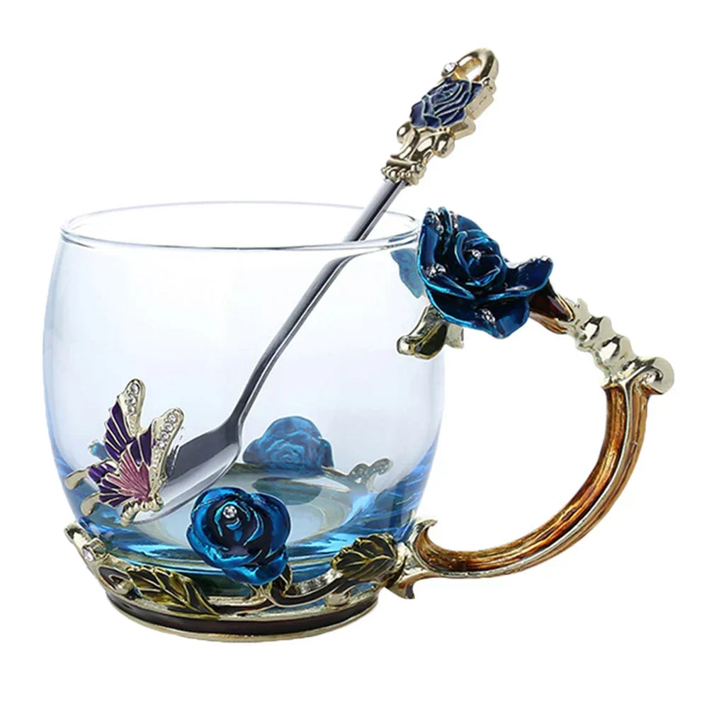 Handcrafted Enamel Coffee Mugs Rose-Glass Tea Cup with Steel Spoon Luxury Unique Gifts for Wedding Valentine&