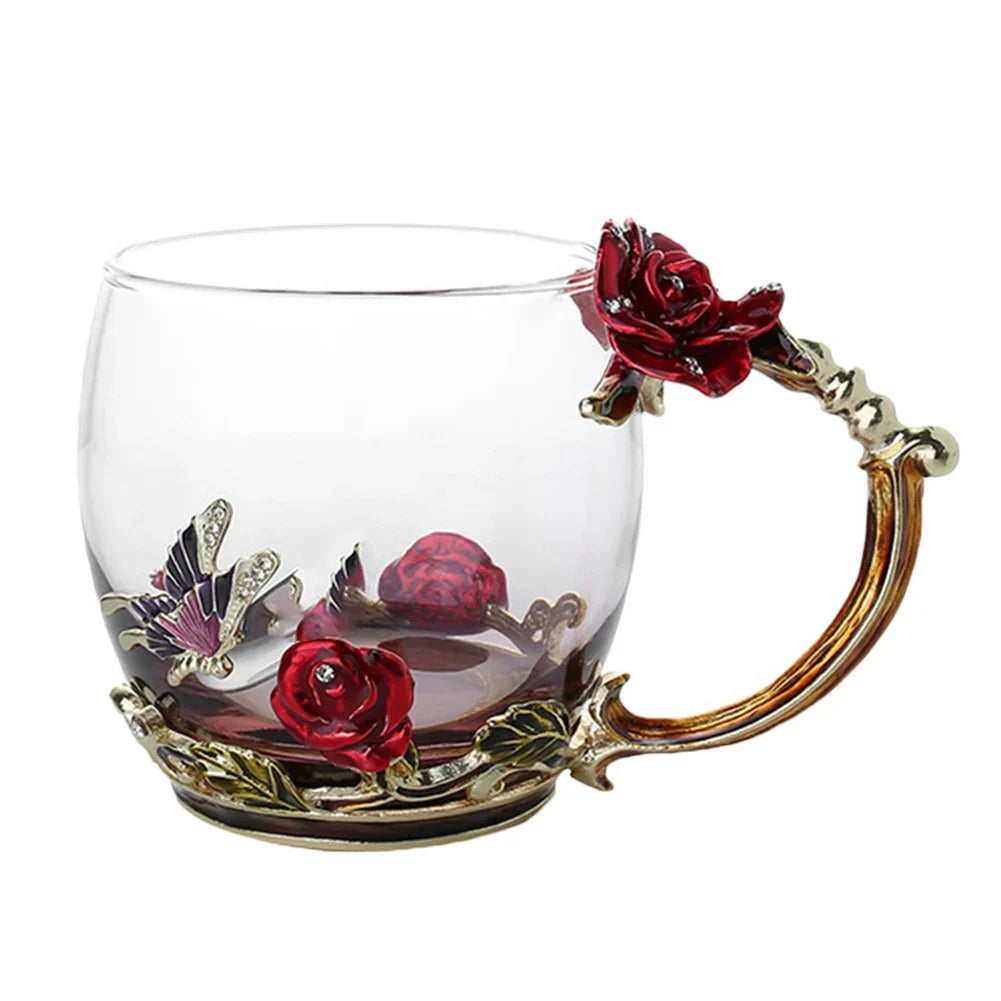 Handcrafted Enamel Coffee Mugs Rose-Glass Tea Cup with Steel Spoon Luxury Unique Gifts for Wedding Valentine&