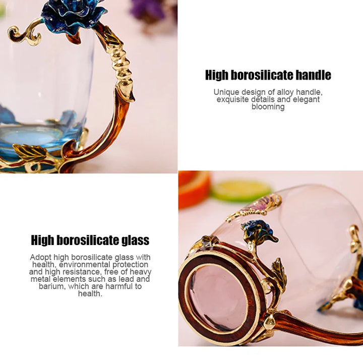 Handcrafted Enamel Coffee Mugs Rose-Glass Tea Cup with Steel Spoon Luxury Unique Gifts for Wedding Valentine&