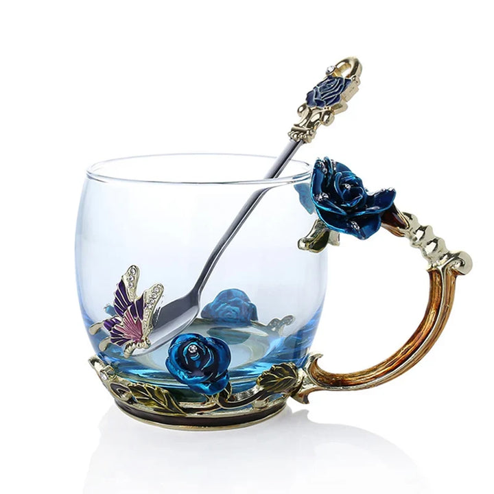 Handcrafted Enamel Coffee Mugs Rose-Glass Tea Cup with Steel Spoon Luxury Unique Gifts for Wedding Valentine&