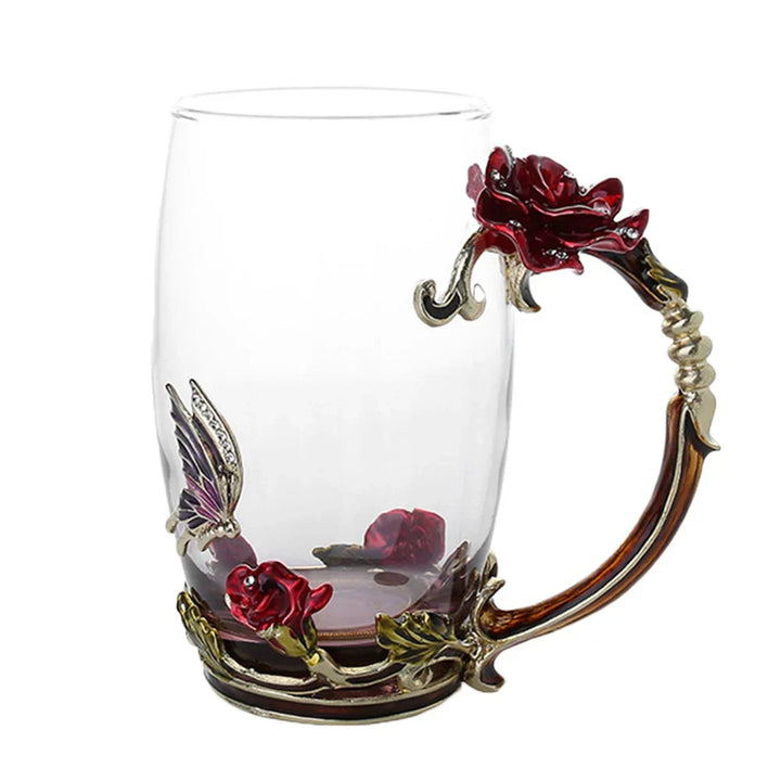 Handcrafted Enamel Coffee Mugs Rose-Glass Tea Cup with Steel Spoon Luxury Unique Gifts for Wedding Valentine&