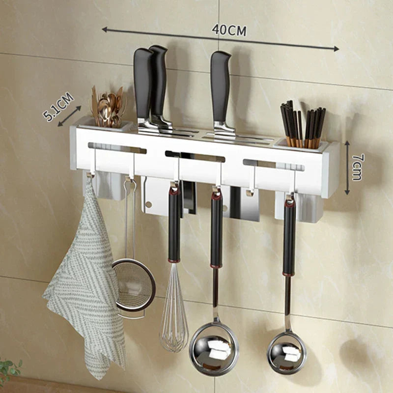 Organize Your Kitchen: Stainless Steel Wall-Mounted Knife Holder Shelf - Nail-Free Storage Shelf with Hooks for Cutlery - Cabinet Organizer for a Tidy Kitchen