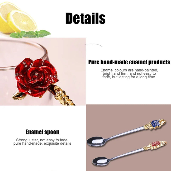 Handcrafted Enamel Coffee Mugs Rose-Glass Tea Cup with Steel Spoon Luxury Unique Gifts for Wedding Valentine&