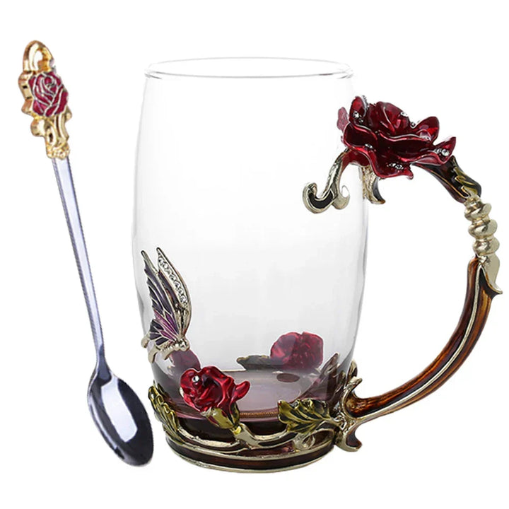 Handcrafted Enamel Coffee Mugs Rose-Glass Tea Cup with Steel Spoon Luxury Unique Gifts for Wedding Valentine&