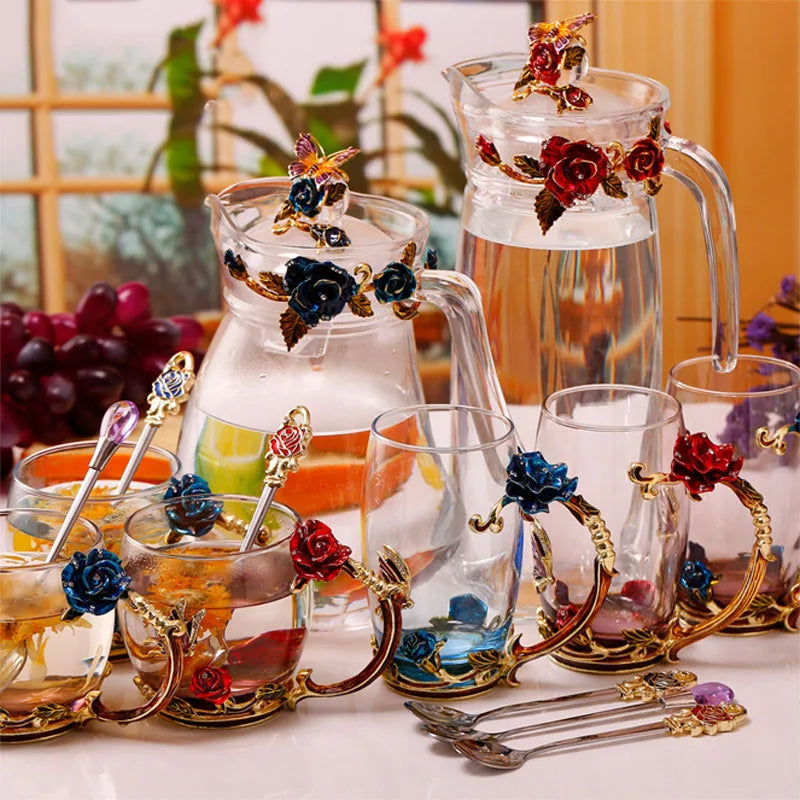 Handcrafted Enamel Coffee Mugs Rose-Glass Tea Cup with Steel Spoon Luxury Unique Gifts for Wedding Valentine&