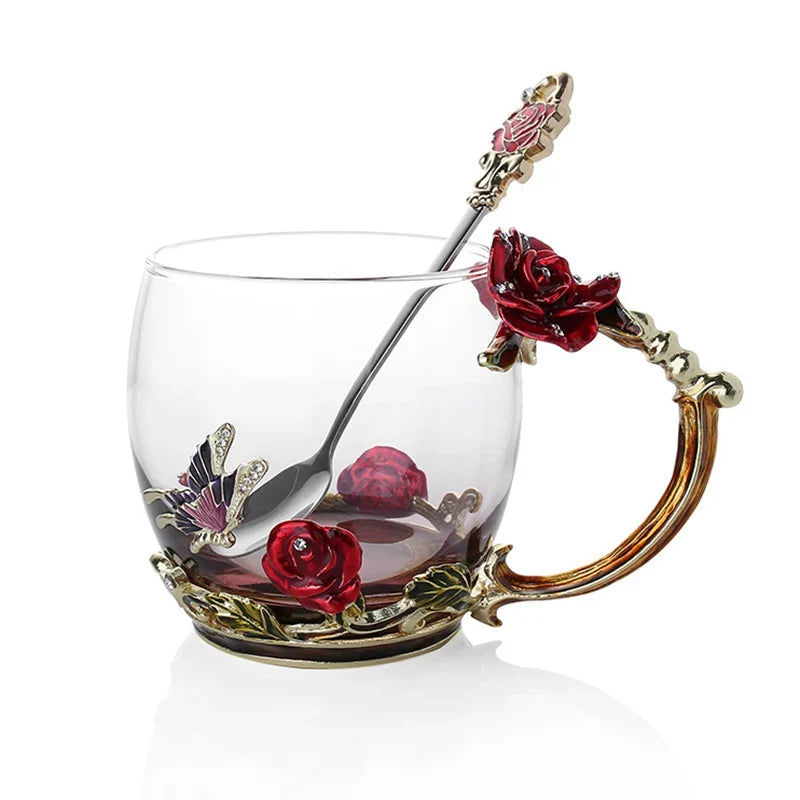 Handcrafted Enamel Coffee Mugs Rose-Glass Tea Cup with Steel Spoon Luxury Unique Gifts for Wedding Valentine&