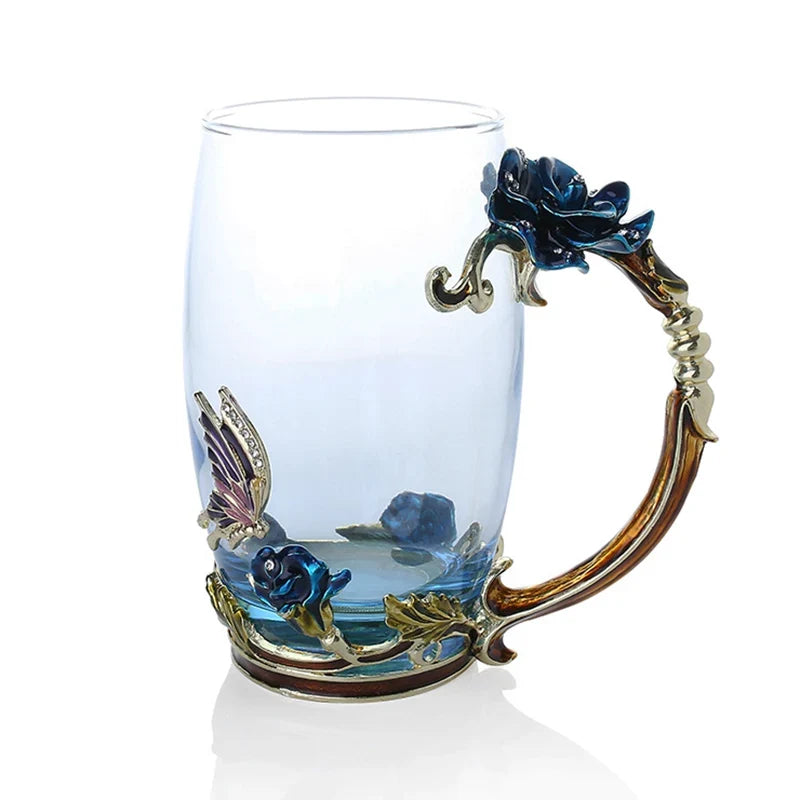 Handcrafted Enamel Coffee Mugs Rose-Glass Tea Cup with Steel Spoon Luxury Unique Gifts for Wedding Valentine&
