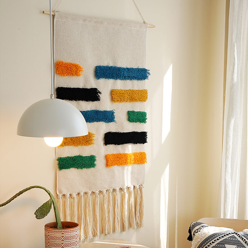 Handwoven geometric pattern tassel wall hanging