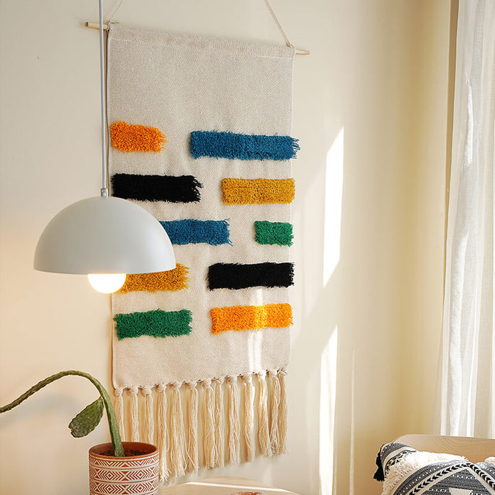 Handwoven geometric pattern tassel wall hanging