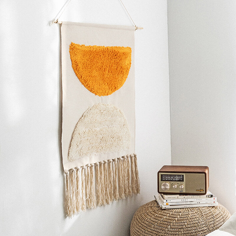 Handwoven geometric pattern tassel wall hanging