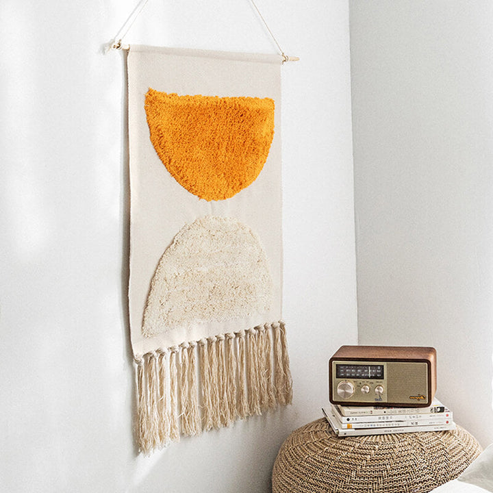Handwoven geometric pattern tassel wall hanging