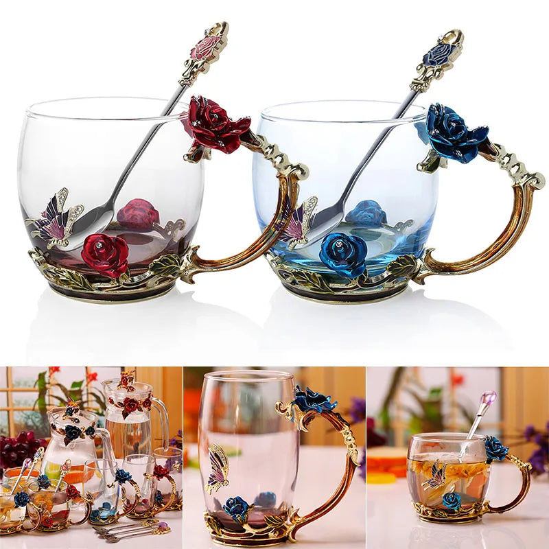 Handcrafted Enamel Coffee Mugs Rose-Glass Tea Cup with Steel Spoon Luxury Unique Gifts for Wedding Valentine&