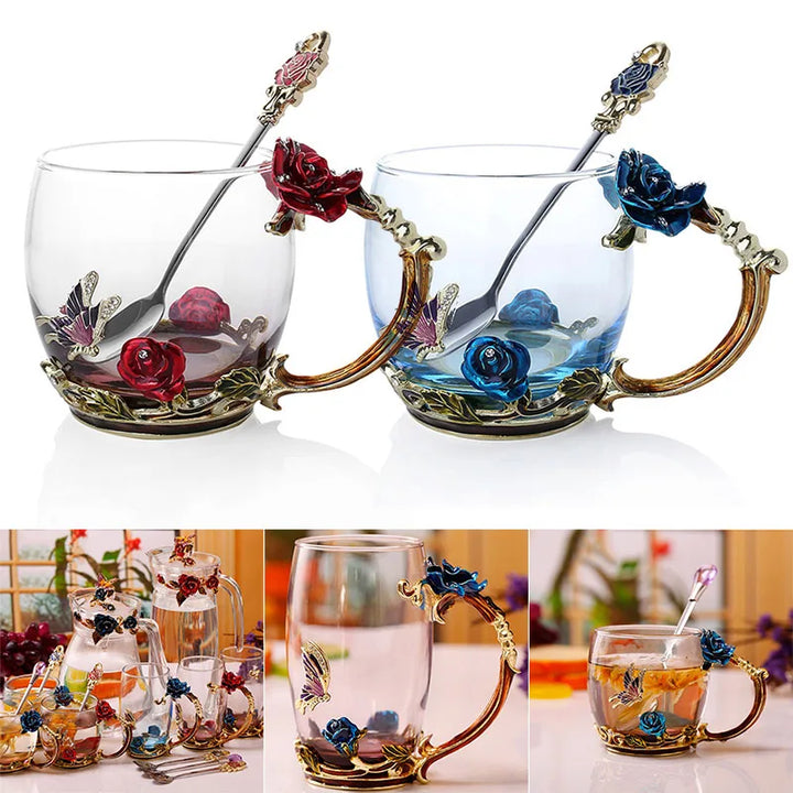 Handcrafted Enamel Coffee Mugs Rose-Glass Tea Cup with Steel Spoon Luxury Unique Gifts for Wedding Valentine&