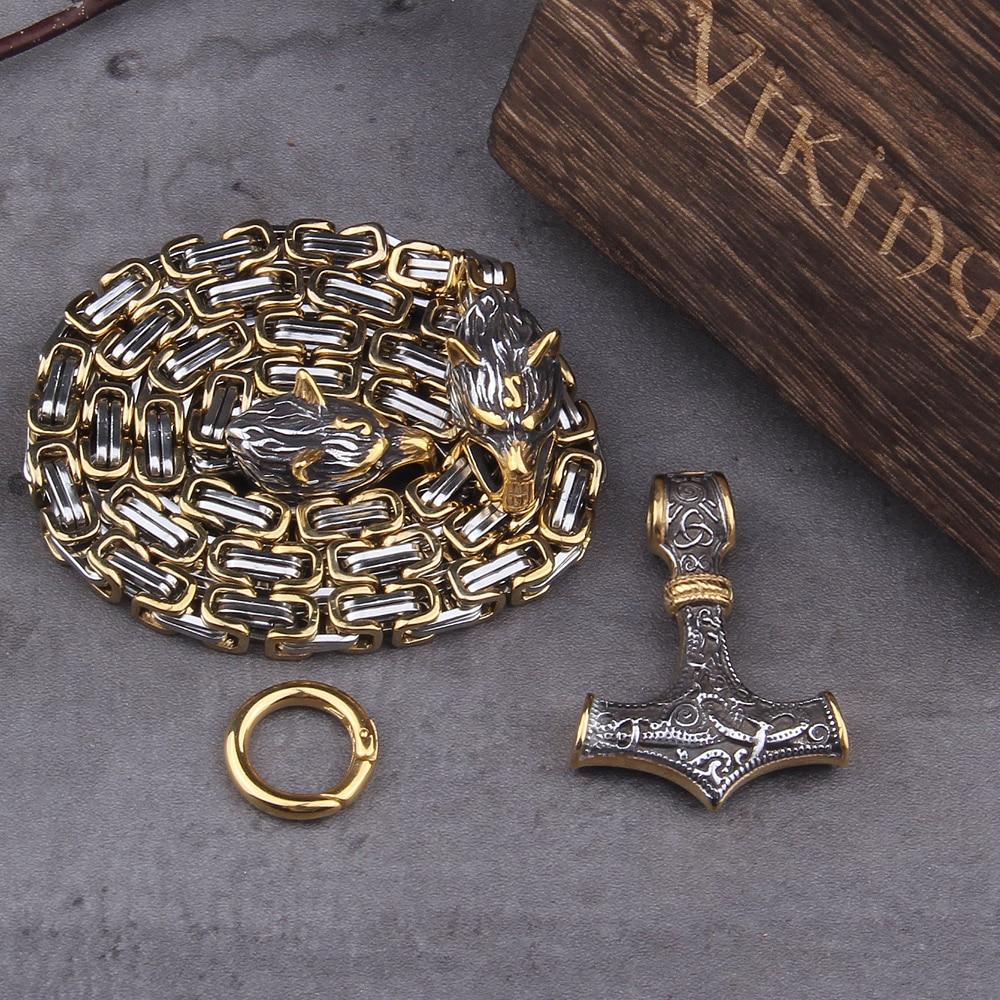 60–90 cm Stainless Steel Double Wolf Head &amp; Mjolnir Survival Spirit Necklace/Bracelet